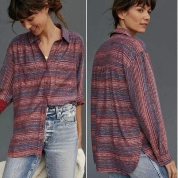 Pilcro Metallic Striped Oversized Buttondown Blouse in Plum, sz Small - Picture 2 of 15